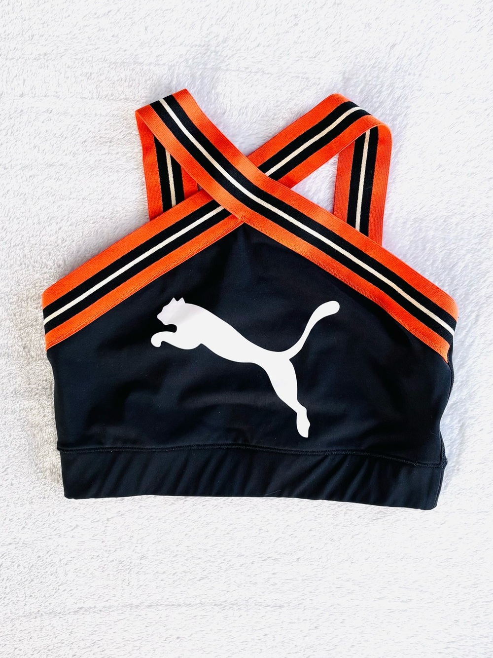Puma Retro High Neck Sports Bra Crop Top, Black Orange White, Size S